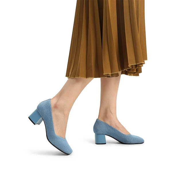 Square Toe Block Heel Knit Pumps DENIM BLUE 6 Square Toe Block Heel Knit Pumps DENIM BLUE - Image 4