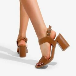 High Heel Square Toe Chunky Strap Sandals BROWN
