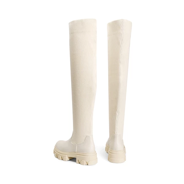 Knitted Lug Sole Over-The-Knee Boots BEIGE 6 Knitted Lug Sole Over-The-Knee Boots BEIGE - Image 4