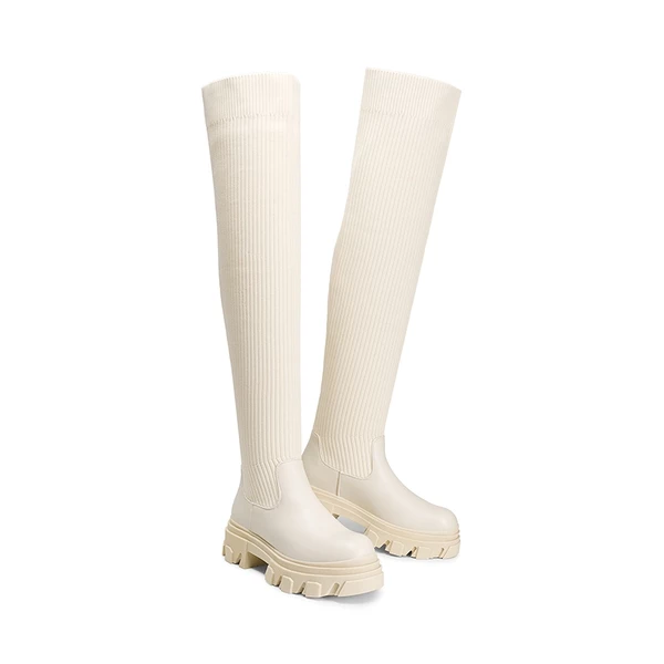 Knitted Lug Sole Over-The-Knee Boots BEIGE 4 Knitted Lug Sole Over-The-Knee Boots BEIGE - Image 2