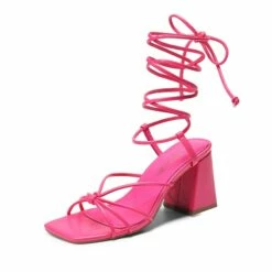 Square Toe Lace Up Block Heel Sandals HOT PINK -DREAM PAIRS Sales 0907 HOT PINK 1