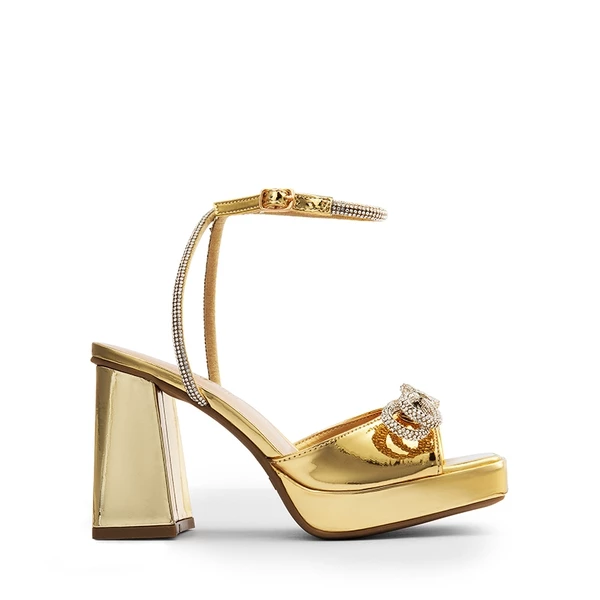 Double Bowknots Rhinestone Chunky Sandals GOLD-PAT 9 Double Bowknots Rhinestone Chunky Sandals GOLD-PAT - Image 7