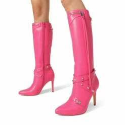 Studded Cross-over Strap Stiletto Heel Boots HOT PINK -DREAM PAIRS Sales 0935 hot pink 6