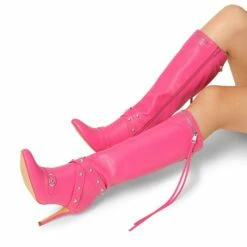 Studded Cross-over Strap Stiletto Heel Boots HOT PINK -DREAM PAIRS Sales 0935 hot pink 7