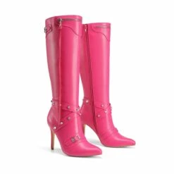 Studded Cross-over Strap Stiletto Heel Boots HOT PINK