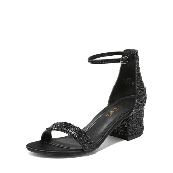 Rhinestone Low Chunky Heel Sandals BLACK RHINESTONE 7 Rhinestone Low Chunky Heel Sandals BLACK RHINESTONE - Image 5