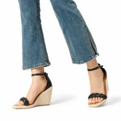 Espadrilles Braided Strap Square Toe Wedge Sandals BLACK