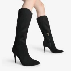 Pointed Toe Stiletto Knee High Boots BLACK-SUEDE