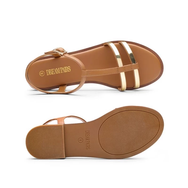 Metal Buckle Gladiator T-Strap Flat Sandals BROWN 7 Metal Buckle Gladiator T-Strap Flat Sandals BROWN - Image 5