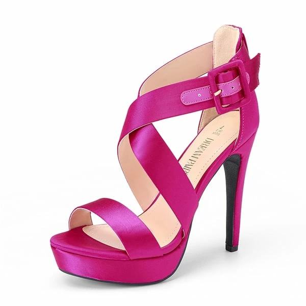 Platform Criss Cross High Stiletto Sandals HOT PINK-SATIN 5 Platform Criss Cross High Stiletto Sandals HOT PINK-SATIN - Image 3
