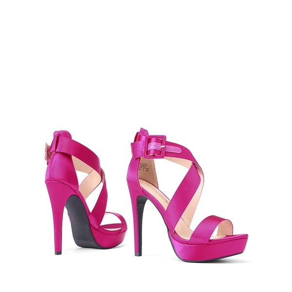 Platform Criss Cross High Stiletto Sandals HOT PINK-SATIN 6 Platform Criss Cross High Stiletto Sandals HOT PINK-SATIN - Image 4