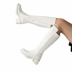 Vegan Leather Chunky Stretch Knee-High Boots WHITE