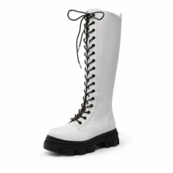Lace Up Knee High Boots WHITE PU