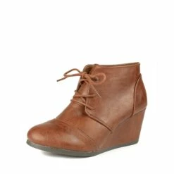 Lace Up Low Wedge Booties TAN PU -DREAM PAIRS Sales 1 136