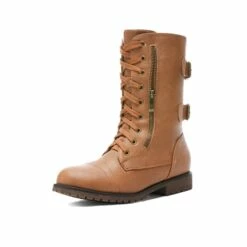 Faux Fur Mid Calf Combat Boots CAMEL