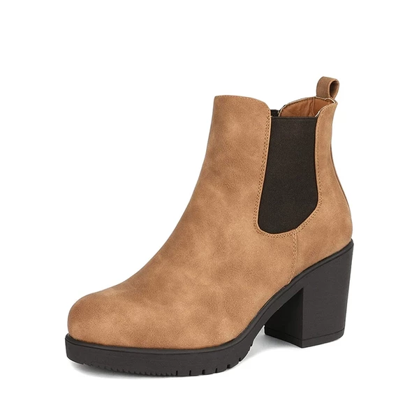 Chunky High Heel Chelsea Ankle Boots CAMEL PU 5 Chunky High Heel Chelsea Ankle Boots CAMEL PU - Image 3