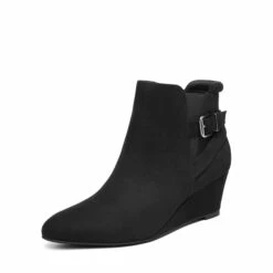 Pointed Toe Wedge Heel Ankle Booties BLACK