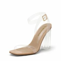 Women's Square Toe Clear Chunky Heel Sandals NUDE CLEAR -DREAM PAIRS Sales 1 62