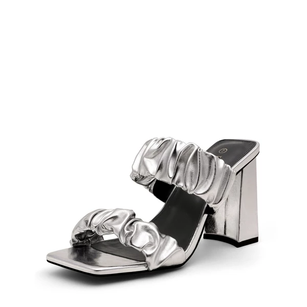 Women's Square Toe Strap Chunky Heel Mules SILVER 6 Women's Square Toe Strap Chunky Heel Mules SILVER - Image 4
