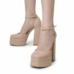 High Chunky Square Toe Ankle Strap Platform Pumps NUDE -DREAM PAIRS Sales 1002 nude 4
