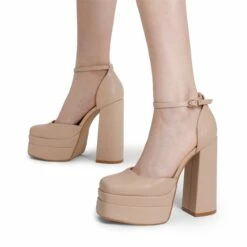 High Chunky Square Toe Ankle Strap Platform Pumps NUDE -DREAM PAIRS Sales 1002 nude 5