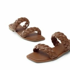Two Straps Square Toe Braided Flat Sandals BROWN -DREAM PAIRS Sales 1002 棕色 4