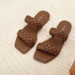 Two Straps Square Toe Braided Flat Sandals BROWN -DREAM PAIRS Sales 1002 棕色 5