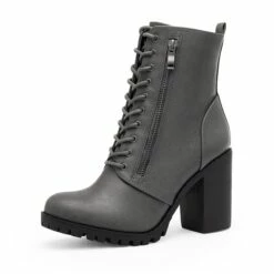 Lace Up Chunky Heel Ankle Booties GREY PU