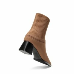 Waterproof Block Heel Knit Ankle Boots BROWN