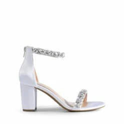 Ankle-Strap Rhinestone Chunky Heel Sandals WHITE-SATIN