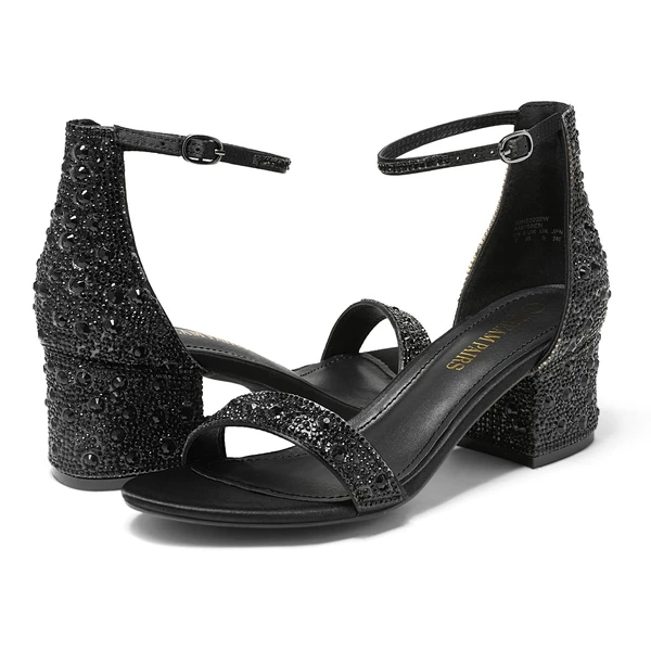 Rhinestone Low Chunky Heel Sandals BLACK RHINESTONE 4 Rhinestone Low Chunky Heel Sandals BLACK RHINESTONE - Image 2