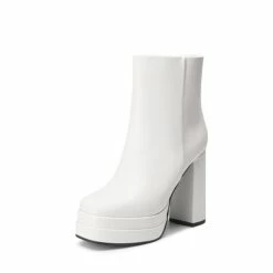 Square Toe Platform Ankle Boots WHITE