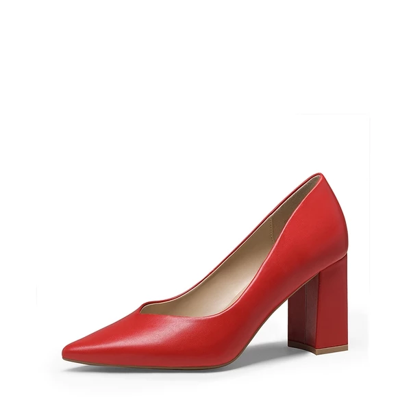Pointed Toe Chunky High Heel Pumps RED PU 5 Pointed Toe Chunky High Heel Pumps RED PU - Image 3