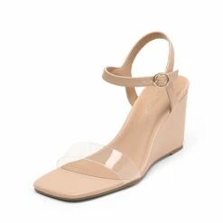 Square Toe Slingback Wedge Sandals NUDE CLEAR