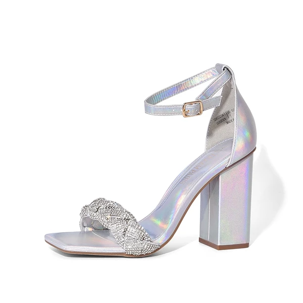 Braided Ankle Strap Block Heel Sandals SILVER-RHINESTONE 6 Braided Ankle Strap Block Heel Sandals SILVER-RHINESTONE - Image 4