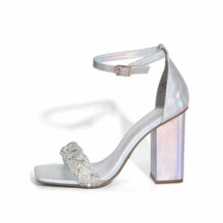 Braided Ankle Strap Block Heel Sandals SILVER-RHINESTONE