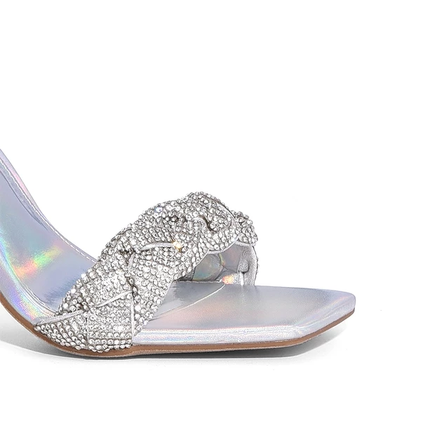 Braided Ankle Strap Block Heel Sandals SILVER-RHINESTONE 5 Braided Ankle Strap Block Heel Sandals SILVER-RHINESTONE - Image 3