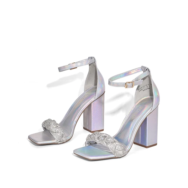 Braided Ankle Strap Block Heel Sandals SILVER-RHINESTONE 4 Braided Ankle Strap Block Heel Sandals SILVER-RHINESTONE - Image 2