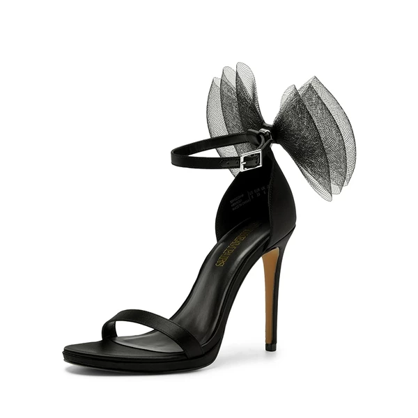 Silky Bow Ankle Strap High Stiletto Heel Sandals BLACK 4 Silky Bow Ankle Strap High Stiletto Heel Sandals BLACK - Image 2
