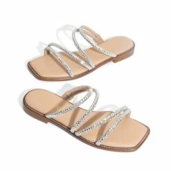 Rhinestone Straps Slide Sandals SILVER