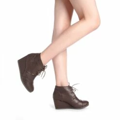 Lace Up Low Wedge Heel Ankle Boots BROWN PU