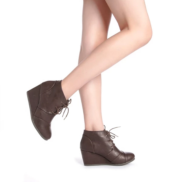 Lace Up Low Wedge Heel Ankle Boots BROWN PU 3 Lace Up Low Wedge Heel Ankle Boots BROWN PU
