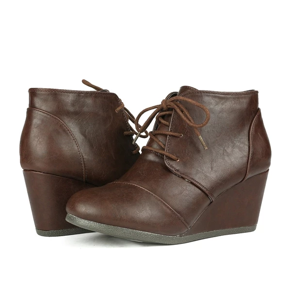 Lace Up Low Wedge Heel Ankle Boots BROWN PU 5 Lace Up Low Wedge Heel Ankle Boots BROWN PU - Image 3