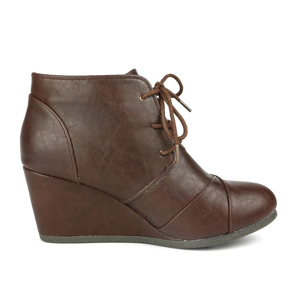 Lace Up Low Wedge Heel Ankle Boots BROWN PU 4 Lace Up Low Wedge Heel Ankle Boots BROWN PU - Image 2