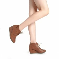 Lace Up Low Wedge Booties TAN PU -DREAM PAIRS Sales 2 137