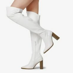 Square Toe High Heel Over The Knee Boots WHITE PU