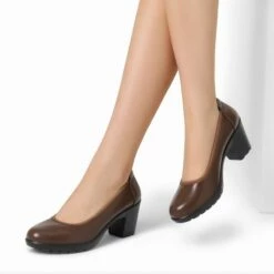 [Stand All Day Pumps] Edena Chunky Low Block Heel Pumps BROWN -DREAM PAIRS Sales 2 205
