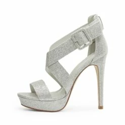 High Heel Strappy Platform Sandals SILVER GLITTER