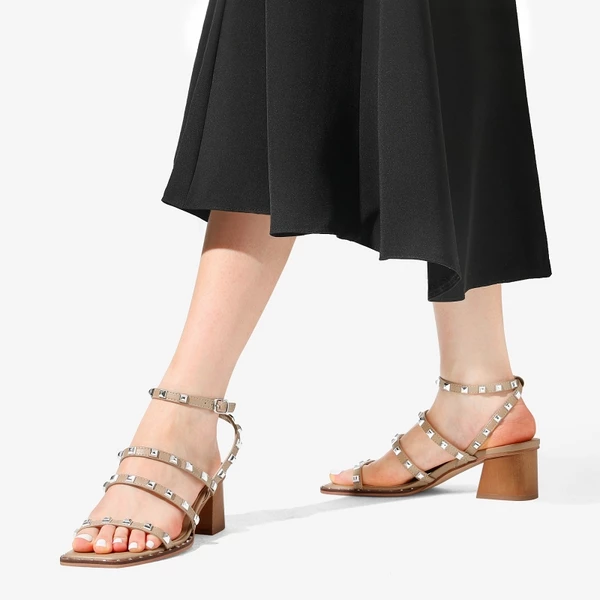 Clear Rhinestone Strappy Chunky Heels NUDE PU RIVET 5 Clear Rhinestone Strappy Chunky Heels NUDE PU RIVET - Image 3