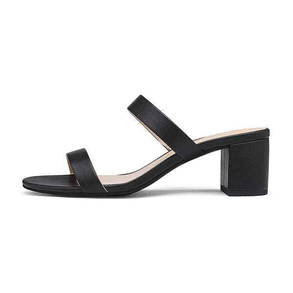 Two Strap Chunky Heel Sandals BLACK PU 7 Two Strap Chunky Heel Sandals BLACK PU - Image 5